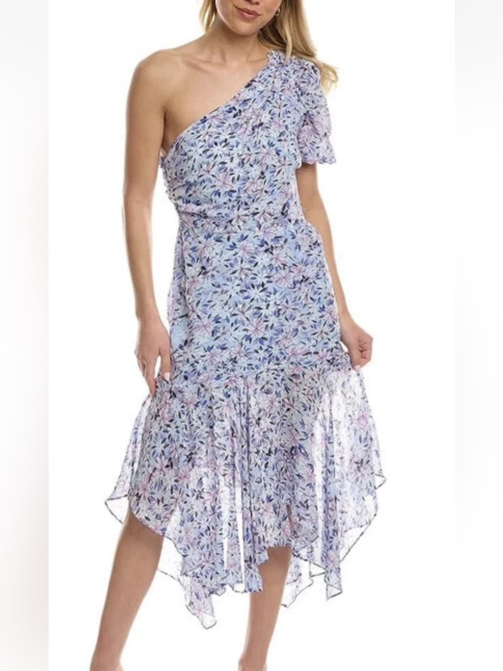 ASTR The Label One Shoulder Floral Midi Dress Puff Sleeve Blue Purple Medium
